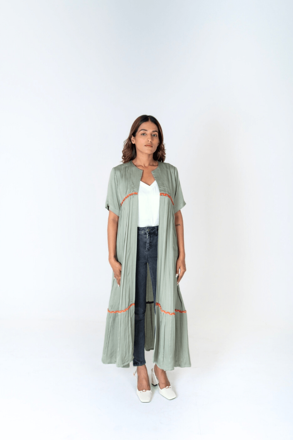 Green-Orange Braided Gather Long Cape