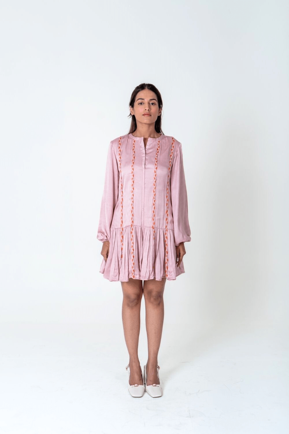 Pink-Orange Braided Short Gather Dress