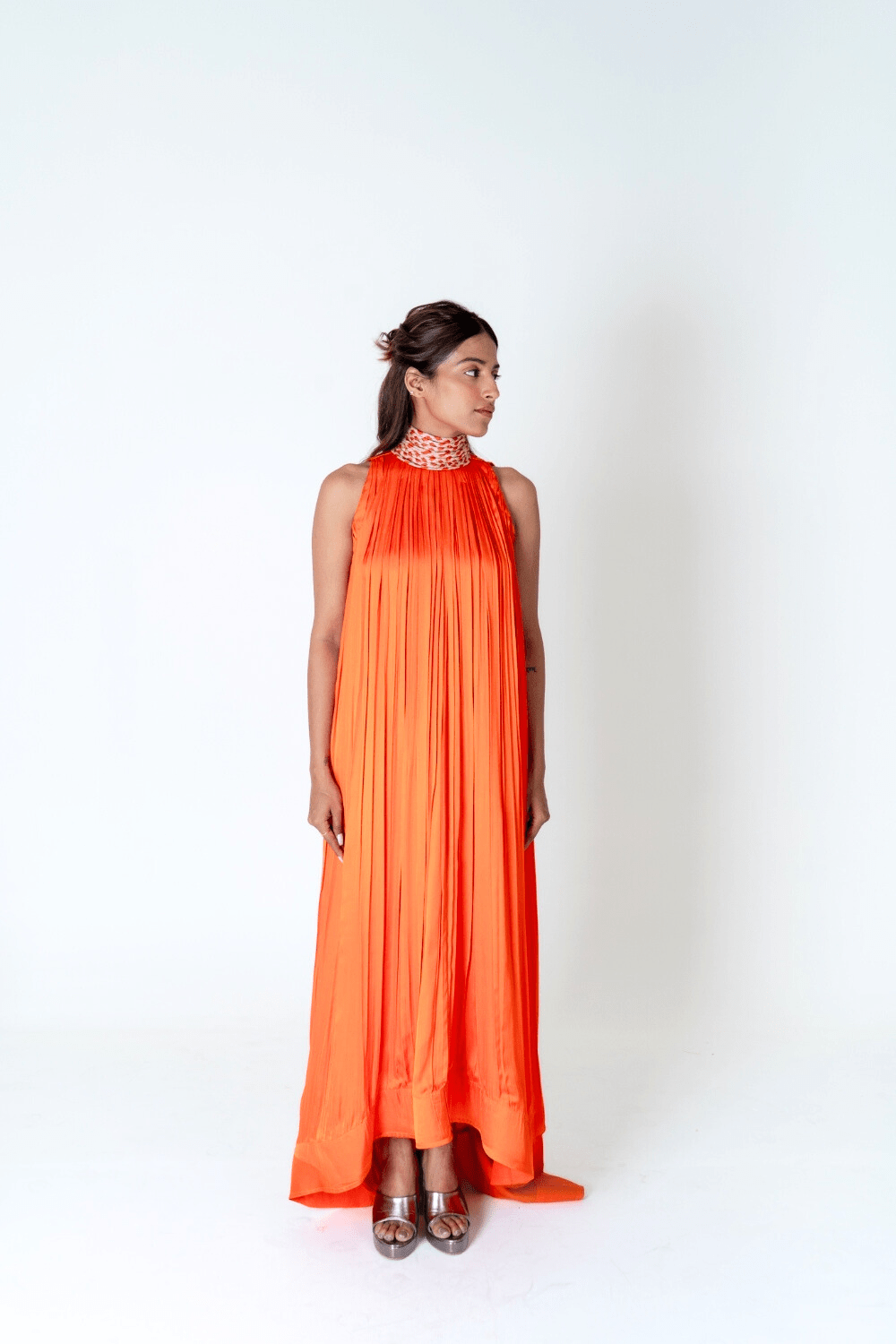 Orange-Pink Braided Halter Neck Gather Gown