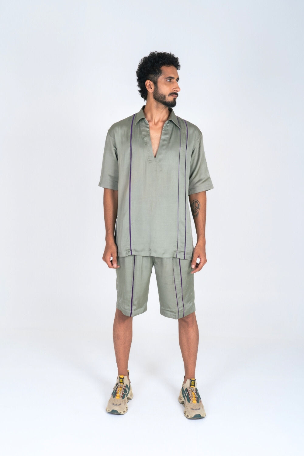 Green Co-ord Set with Purple Pipin