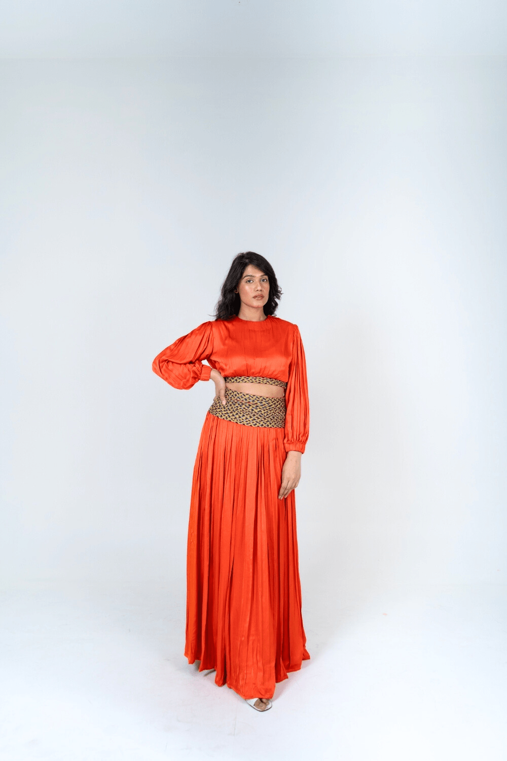 Orange Skirt Set with Color-Blocked Braids